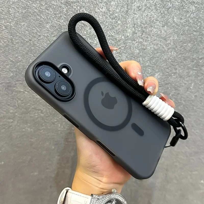 Para Magsafe Color caramelo contraste cordón funda para iPhone 16 15 Pro Max 14 Plus 11 12 13 16e correa de muñeca de mano cubierta suave mate