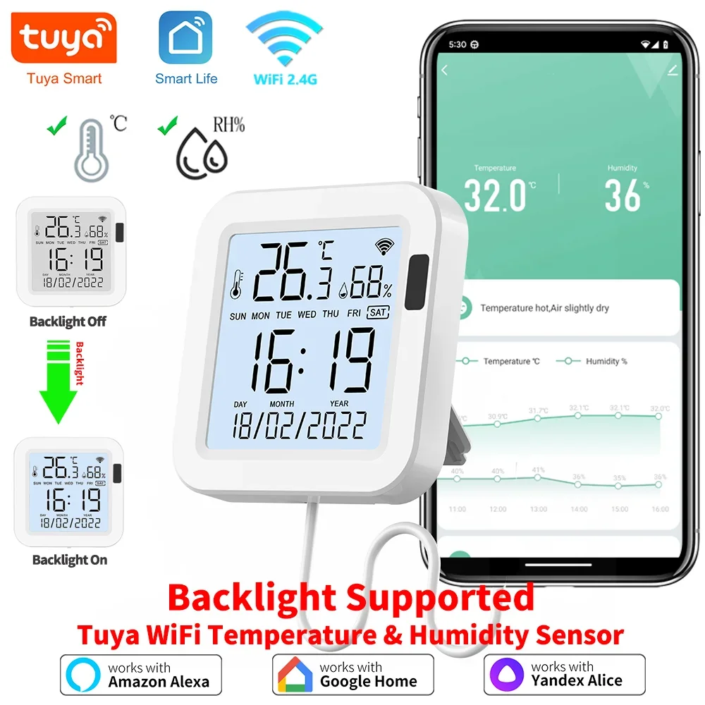 Tuya wifi sensor de umidade temperatura com luz de fundo para casa inteligente app controle remoto trabalho com smartlife yandex alexa