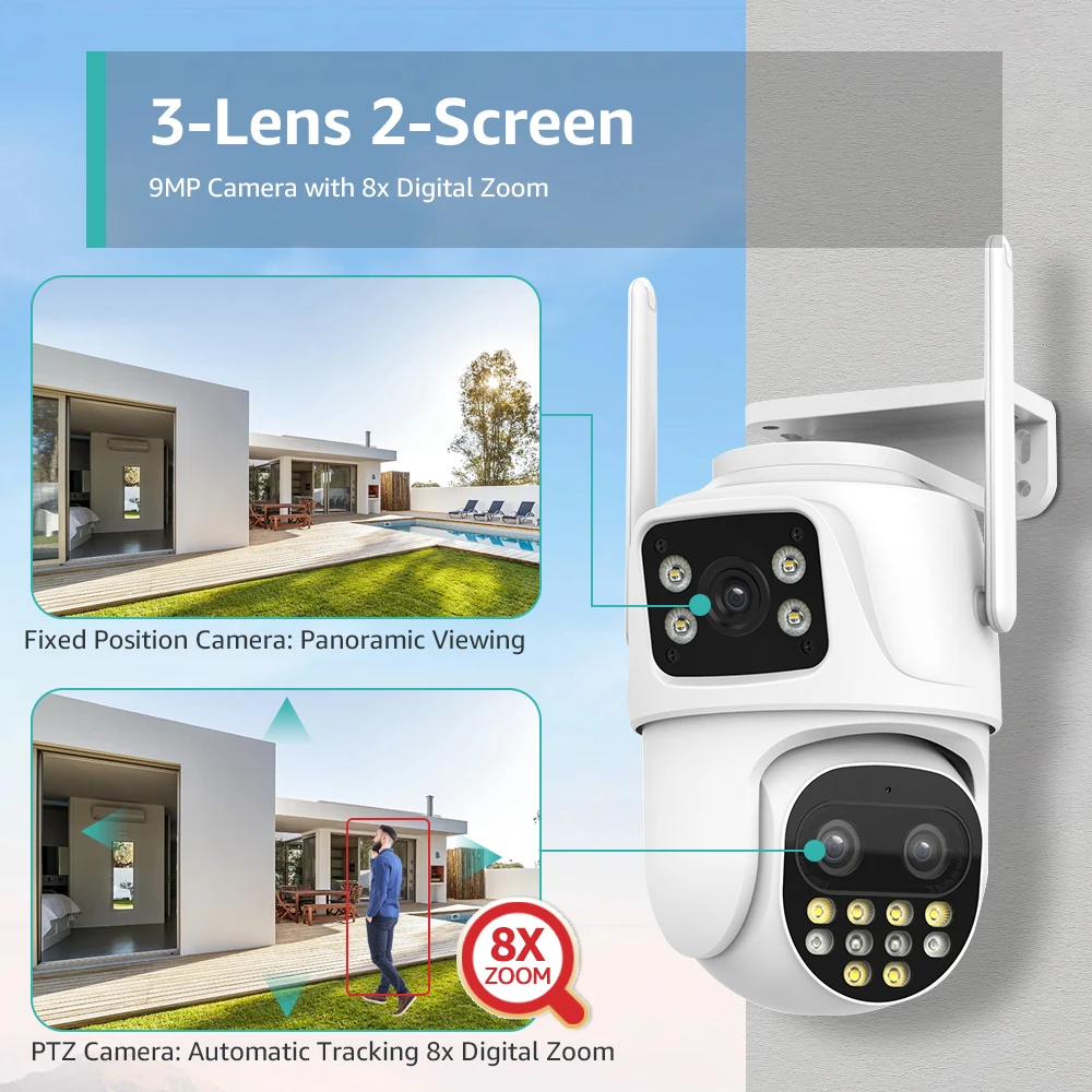 RU 8MP Dual Screen And Dual Lens Wifi Surveillance Cam Ai Auto Tracking Color Night Vision Bluetooth Outdoor PTZ Security Cam