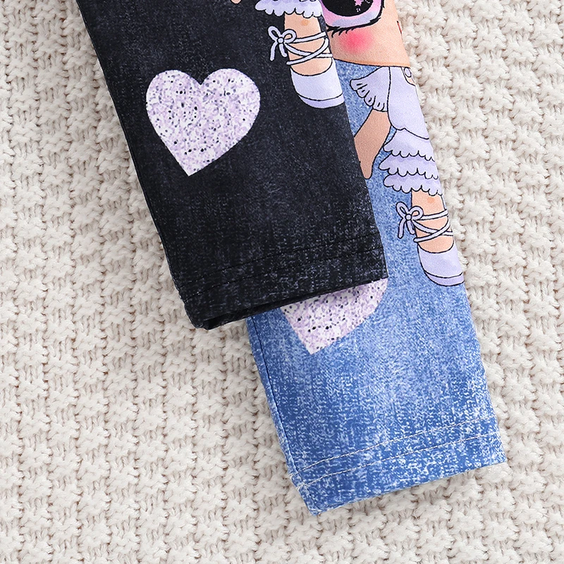 Clearance_Girls' 2pcs Cute Heart & Character Print Soft Knit Leggings - Mock Denim Style - Comfy Summer Outfit_Continuous update