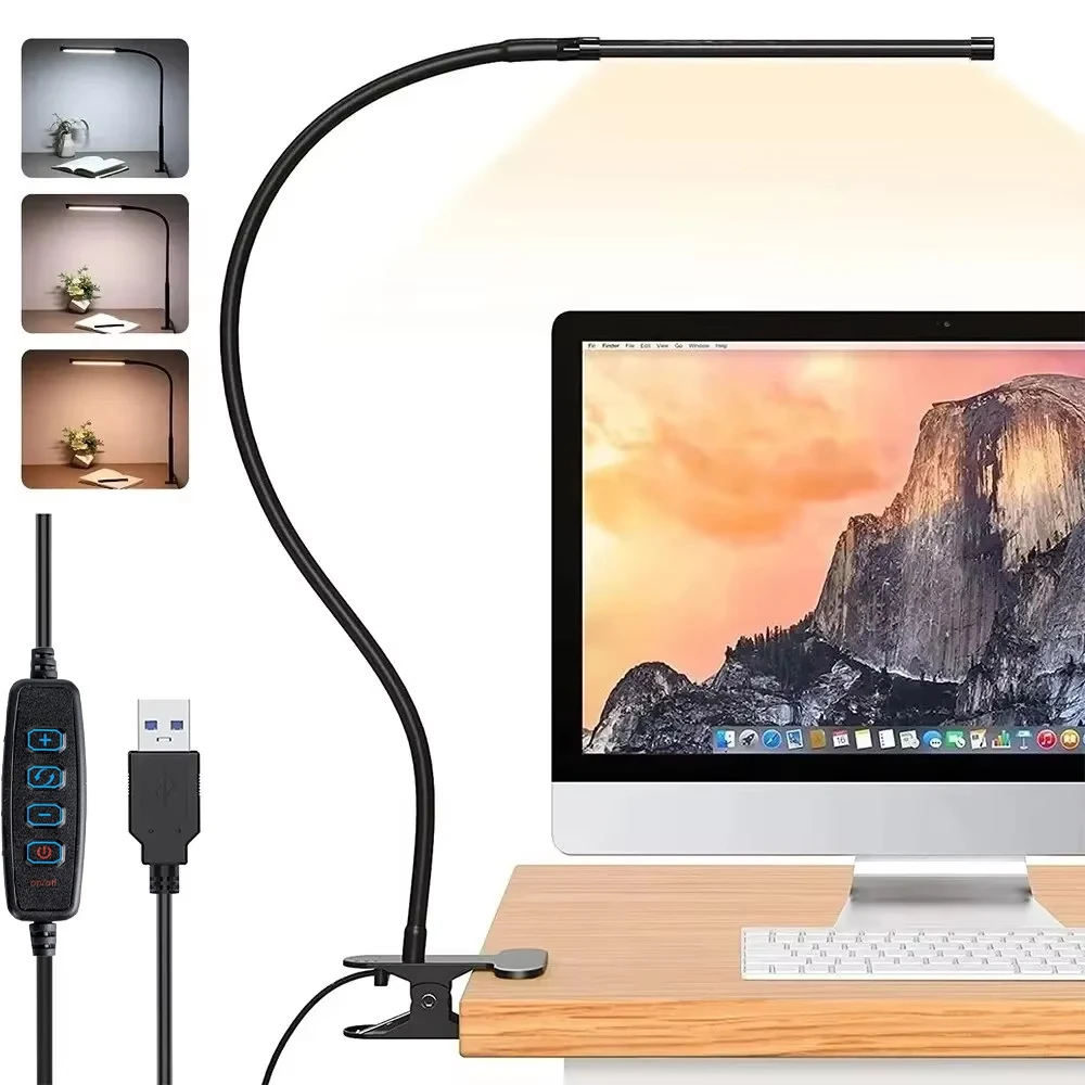 10 W LED-Schreibtischlampe mit Klemme, dimmbar, zum Anklipsen, Leselicht, 10 Helligkeitsstufen, 3 Beleuchtungsmodi, flexible Arbeitstischlampe, USB