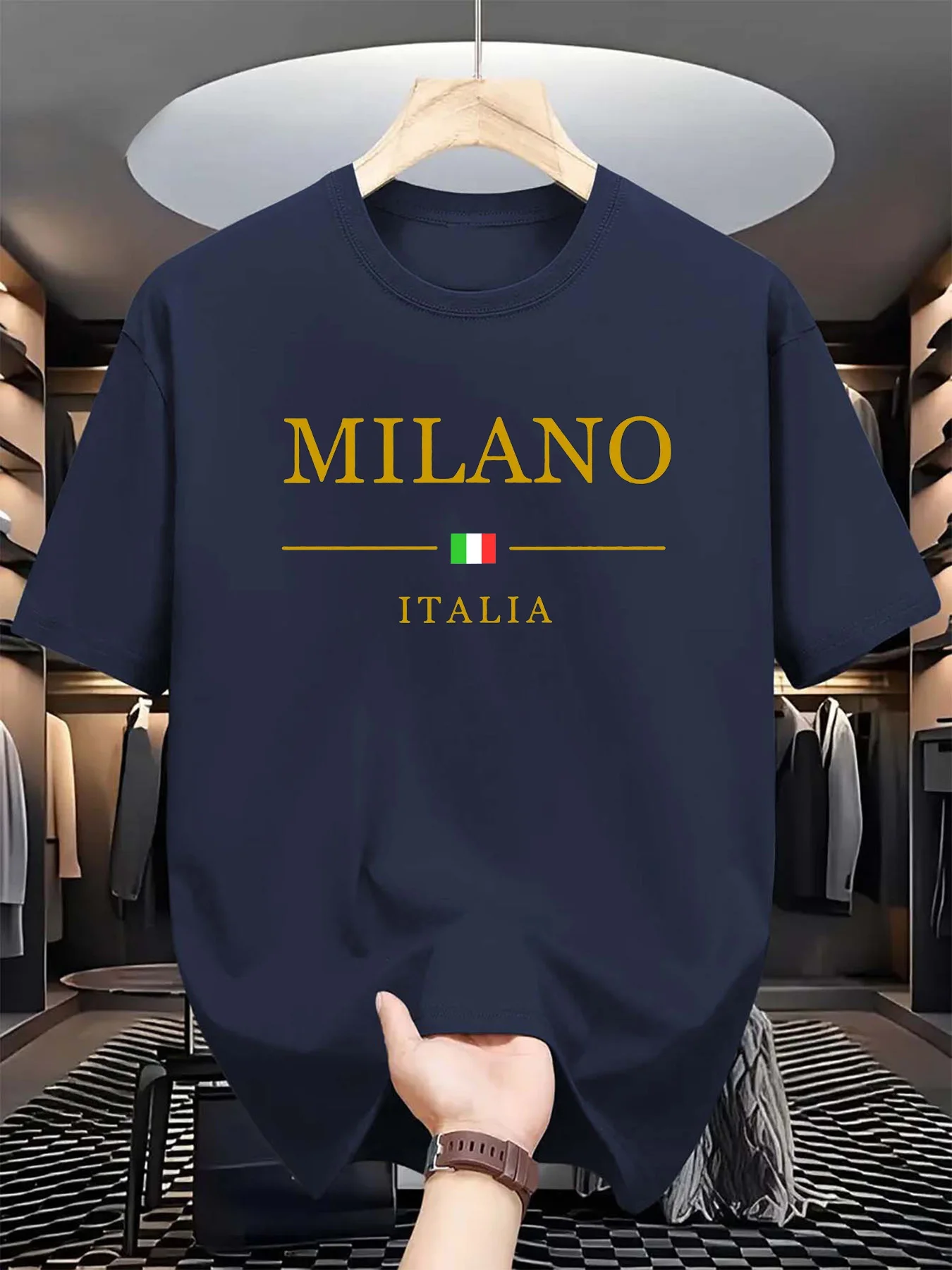 Męska letnia koszulka z krótkim rękawem, 100 bawełny, modna, luźna, plus size MILANO ITALIA, z nadrukiem, sportowa koszulka z okrągłym dekoltem