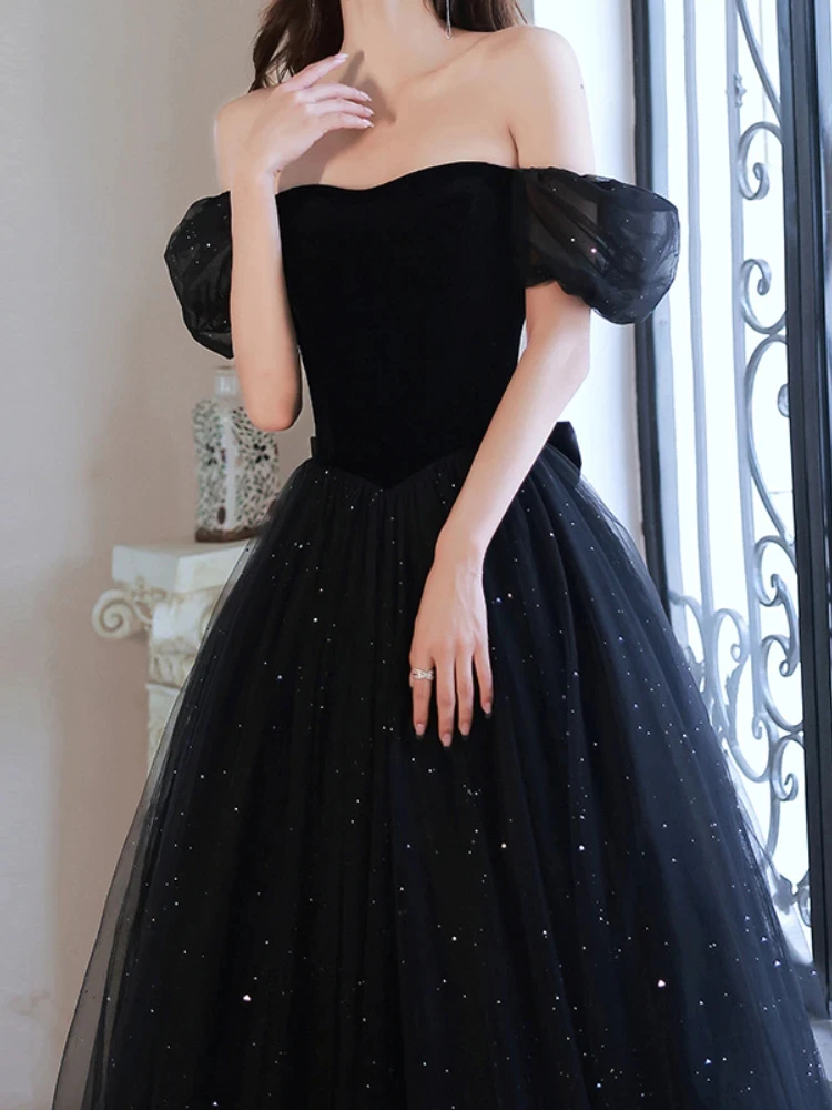 Vestido de noche negro drapeado con cuello cuadrado para mujer, manga abullonada, cuello Barco, cordones cruzados, Vestidos de fiesta escalonados