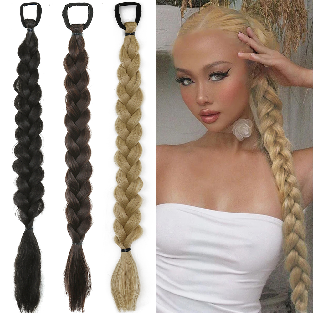 Extensões sintéticas do rabo de cavalo da trança longa torção com elástico, encaixotando extensões trançadas do cabelo para mulheres, uso diário, 24"