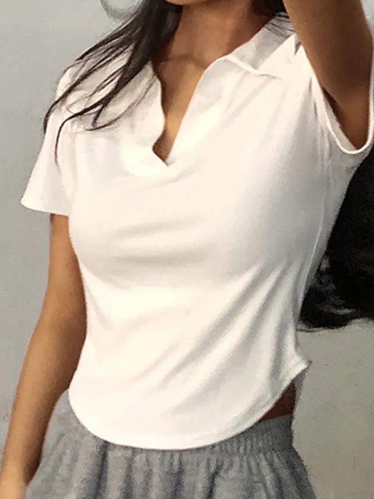Top estivo con risvolto a maniche corte Pullover con scollo a V solido da donna Camicie dolci retrò Hot Girl Crop Top T-shirt versatile sottile femminile