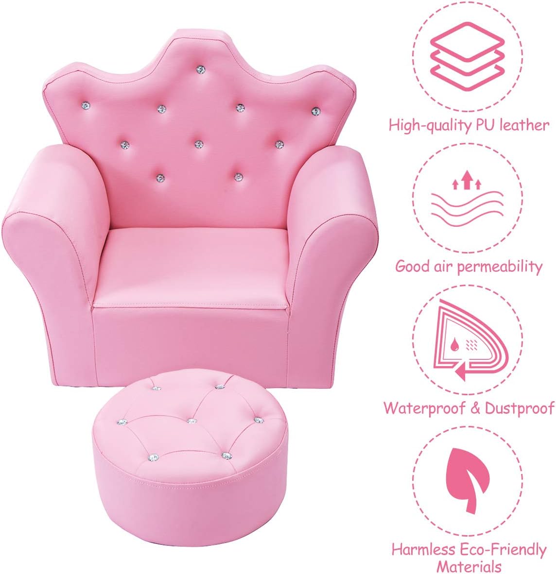 Kids Sofa, Children Upholstered Sofa with Ottoman, Princess Sofa with Diamond Decoration, Smooth PVC Leather Toddler Chair, Kids