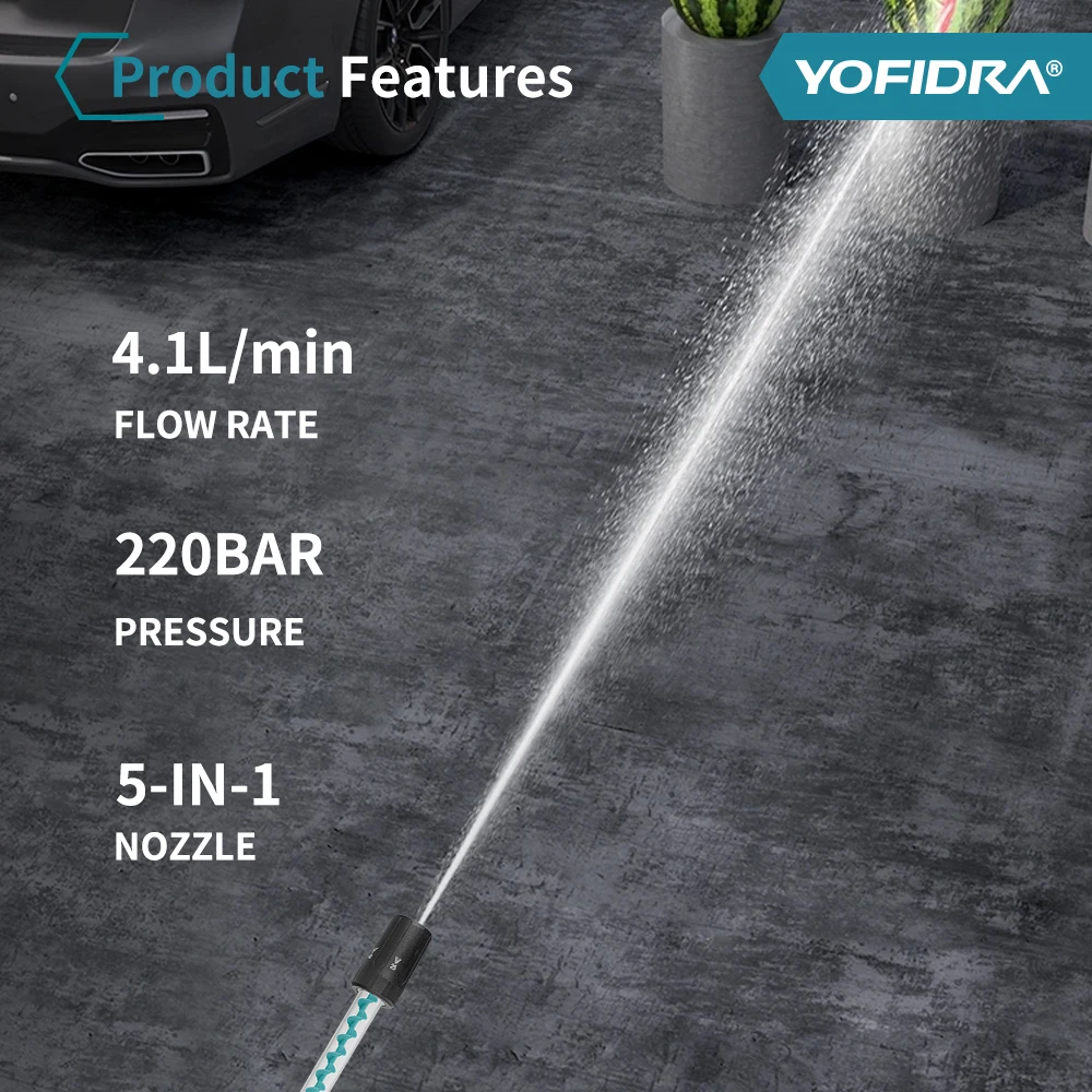 YOFIDRA 220Barブラシレス高圧洗浄機ガン 3段階調整 電動洗浄機 ウォッシュスプレーガン マキタ18Vバッテリーピン対応