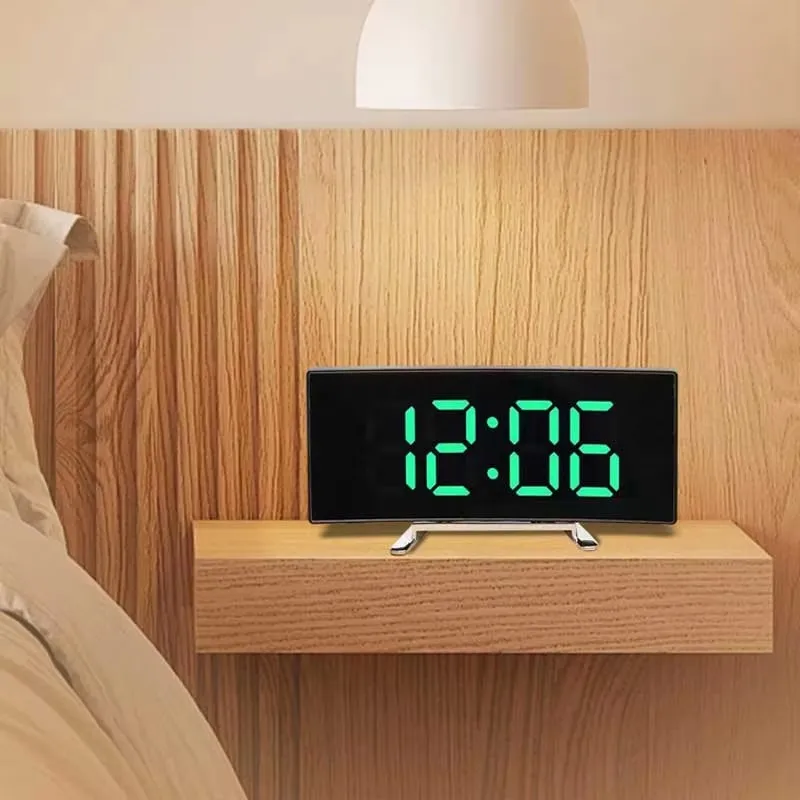 Creative Curved นาฬิกาอิเล็กทรอนิกส์ LED กระจกขนาดใหญ่นาฬิกาปลุกเงียบสมาร์ทเดสก์ท็อปนาฬิกาห้องนั่งเล่นนาฬิกากระจก