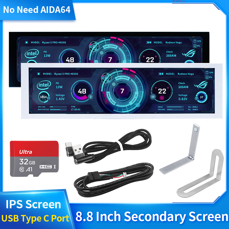 Pantalla secundaria IPS tipo C de 8,8 pulgadas interfaz de USB-C monitoreo de computadora CPU GPU RAM Dislpay pantalla inteligente sin necesidad AIDA64