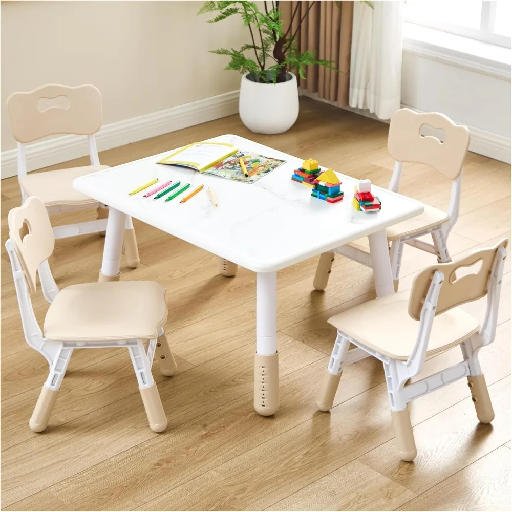 Adjustable Kids Table and 4 Chair Set, Height Adjustable Multi-Activity Play Desk, Marble Graffiti Design, Preschool Montessori