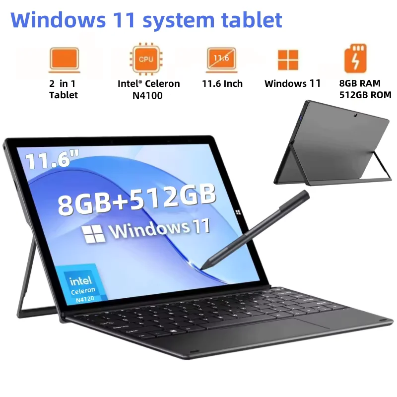 2025 Novo 11,6 Polegadas Windows 11 Tablets Intel Celeron N4100 1920x1080 IPS 8GB DDR3-RAM 512GB EMMC ROM 2 x USB 3.0 WIFI