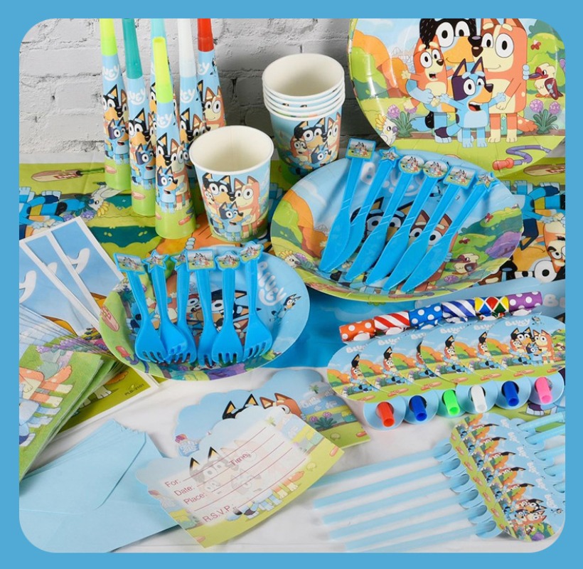 Suministros para banquetes de fiesta de cumpleaños con tema Bluey de dibujos animados, plato de papel, mantel, bandera, cuchillo, tenedor, cuchara, conjunto de pancarta, fiesta de cumpleaños para niños