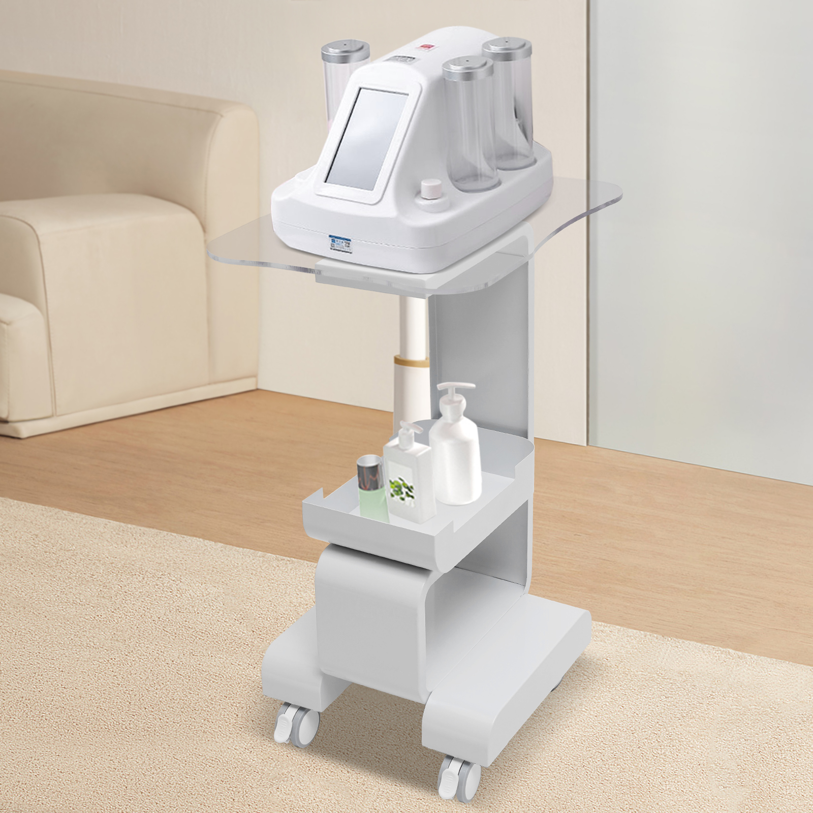 Salonwagen aus Metall und Acryl mit geräumiger Stauraum für Schönheitswerkzeuge