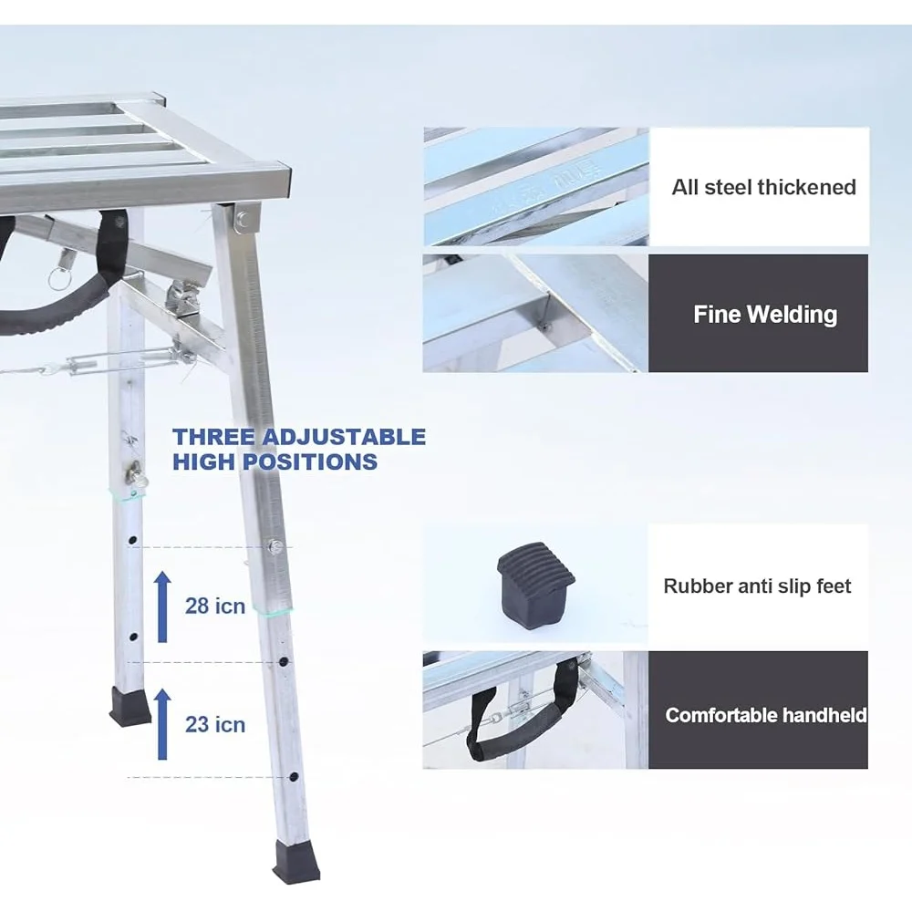 Adjustable Folding Scaffolding Platform Steel Step Ladder Portable 400lbs Duty Rating RV Cleaning Work Support Anti-Slip Design