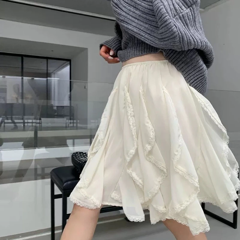 Deeptown 韓国スタイルのレースチュールスカート女性フェアリーコア甘いエレガントなフリルスカートヴィンテージストリート不規則なレイヤードスカート