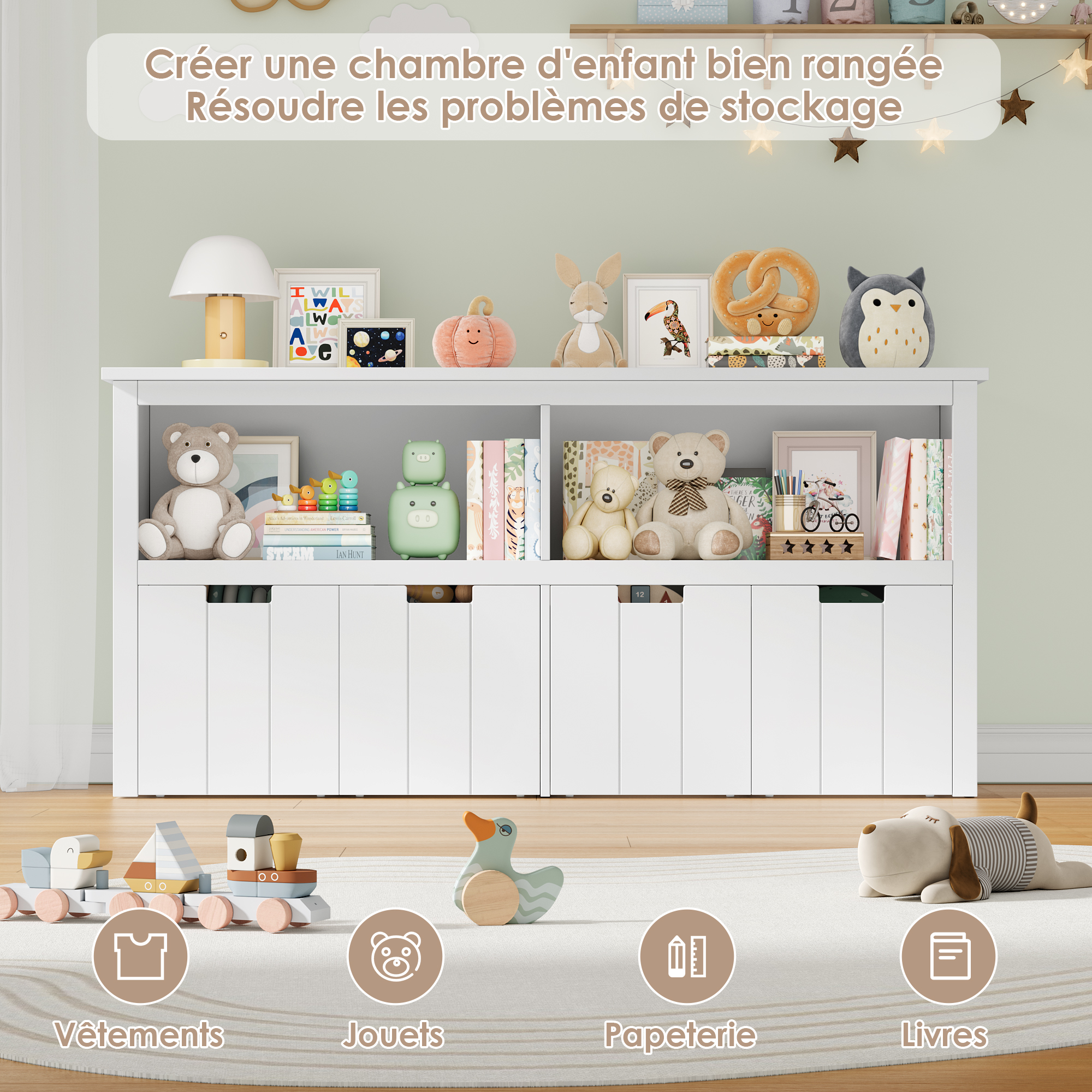 Getone Meuble de Rangement Jouets Enfant avec 4 Tiroirs Roulants Meuble Rangement Enfant Bibliothèque Enfant aArmoire Chambre Enfant Organisateur de Jouets Salle de Jeu pour Chambre d’Enfant 120x33x61,5cm Blanc