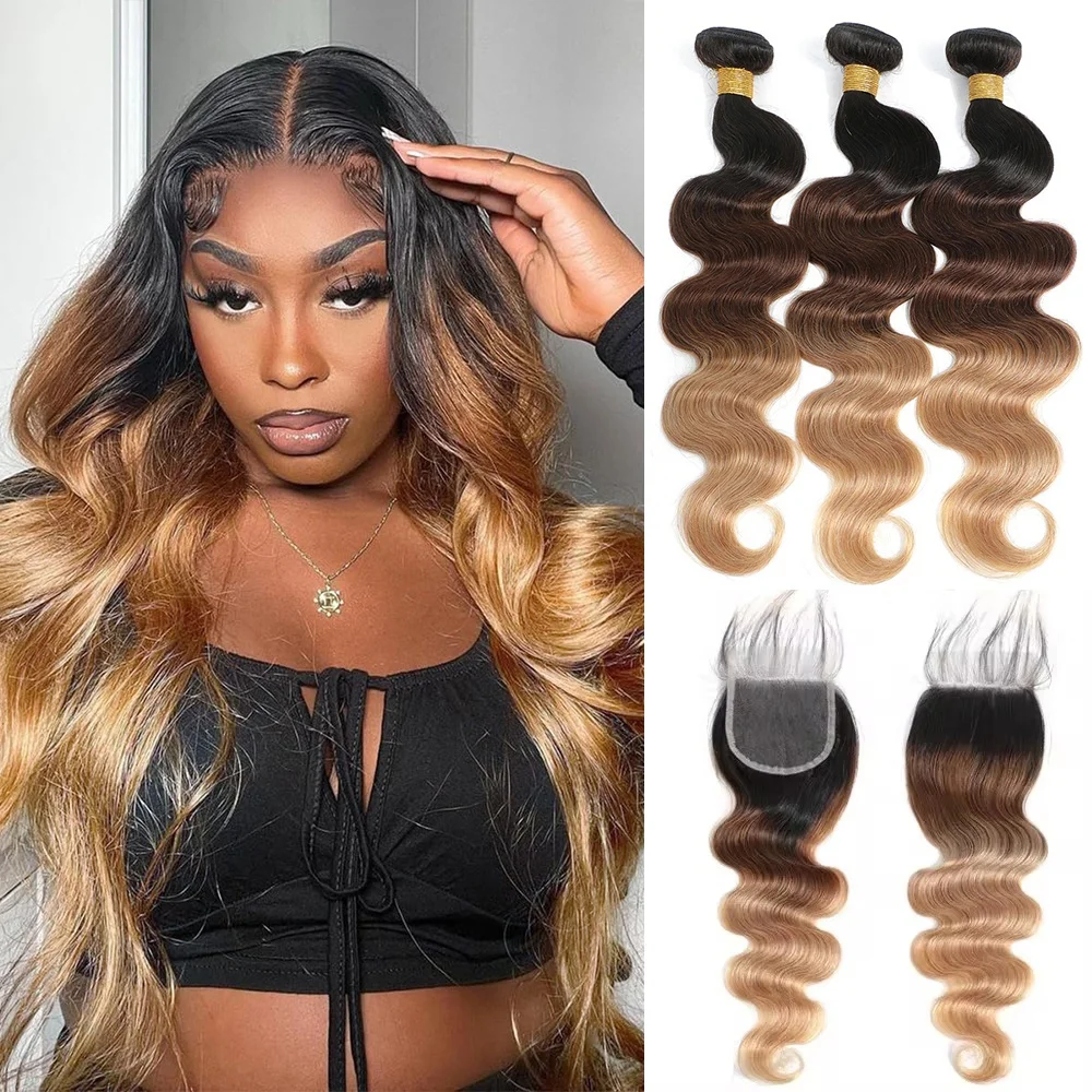 Extensiones de cabello humano ondulado de Color ombré con cierre, cabello humano brasileño 1b/4/27, extensiones de cabello humano postizo
