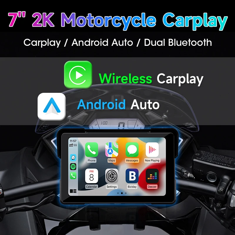 7 インチオートバイ DVR ナビゲーション CarPlay 2K カメラ IP67 防水ホストデュアル Bluetooth ワイヤレス Android 自動モト画面