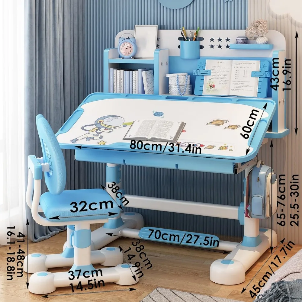 Small Desk, Kids Study Desk Chair Set, Height Adjustable Children School Study Table Chair Set with Sitting Corrector