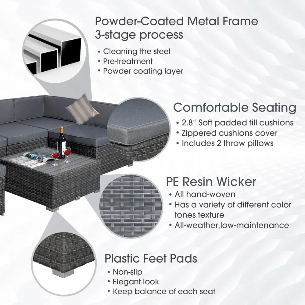7 Piece Outdoor Patio Furniture Set with Cushions, PE Rattan Wicker Modular Patio Sofa Set with Coffee Table, and Two Pillows