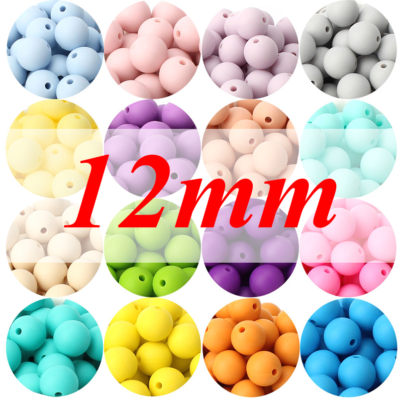 Cuentas redondas de silicona para mordedor de bebé, collar de lactancia, cadena de chupete, juguetes con Clip, cuidado bucal, Grado Alimenticio libre de BPA, 12mm, 100 Uds.