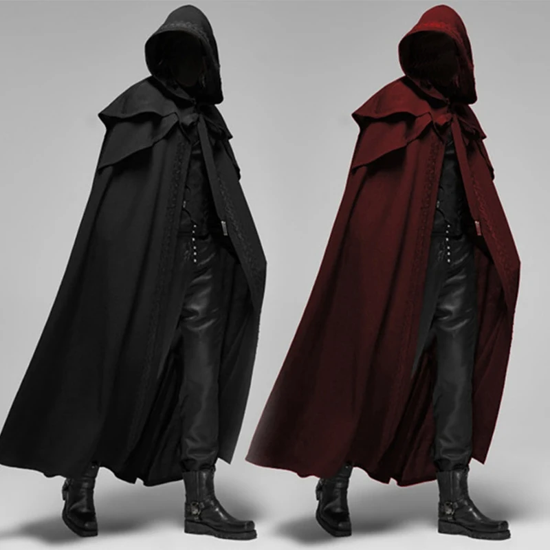 Manteaux noirs amples à capuche, Vintage médiéval, Trench coupe-vent Chic, longue Cape d'hiver, Poncho gothique pour hommes, Cosplay de moine
