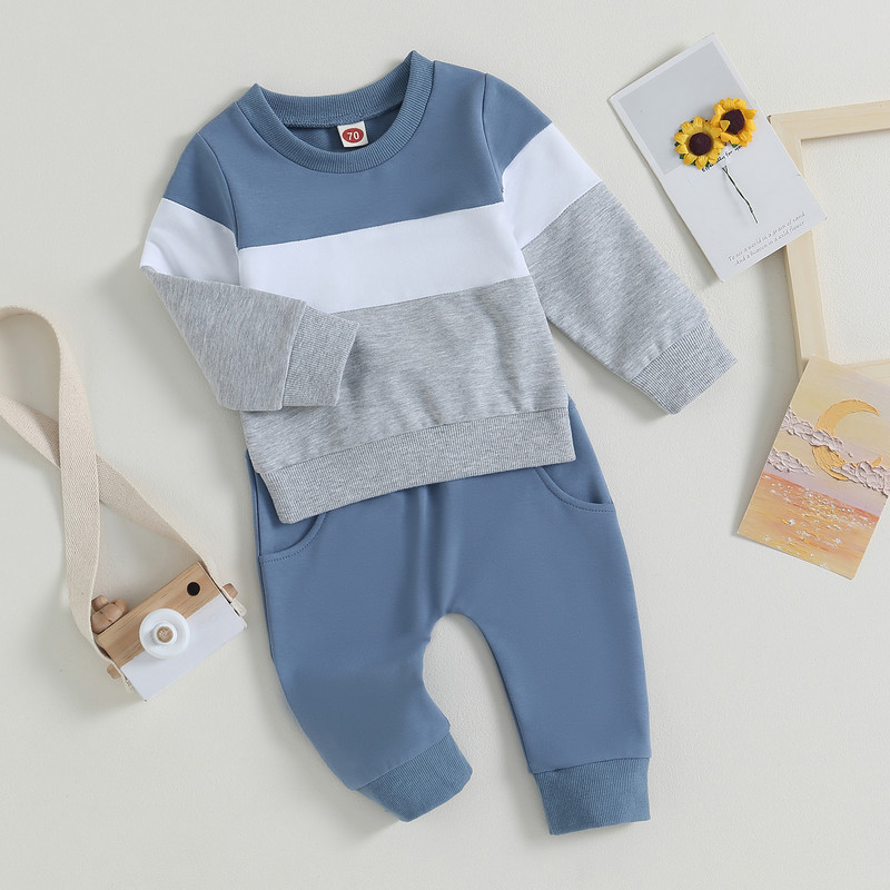 Set di pantaloni per neonato appena nato Vestiti autunnali Completi da 2 pezzi Felpa a maniche lunghe in colore a contrasto e pantaloni elastici Articoli per bambini