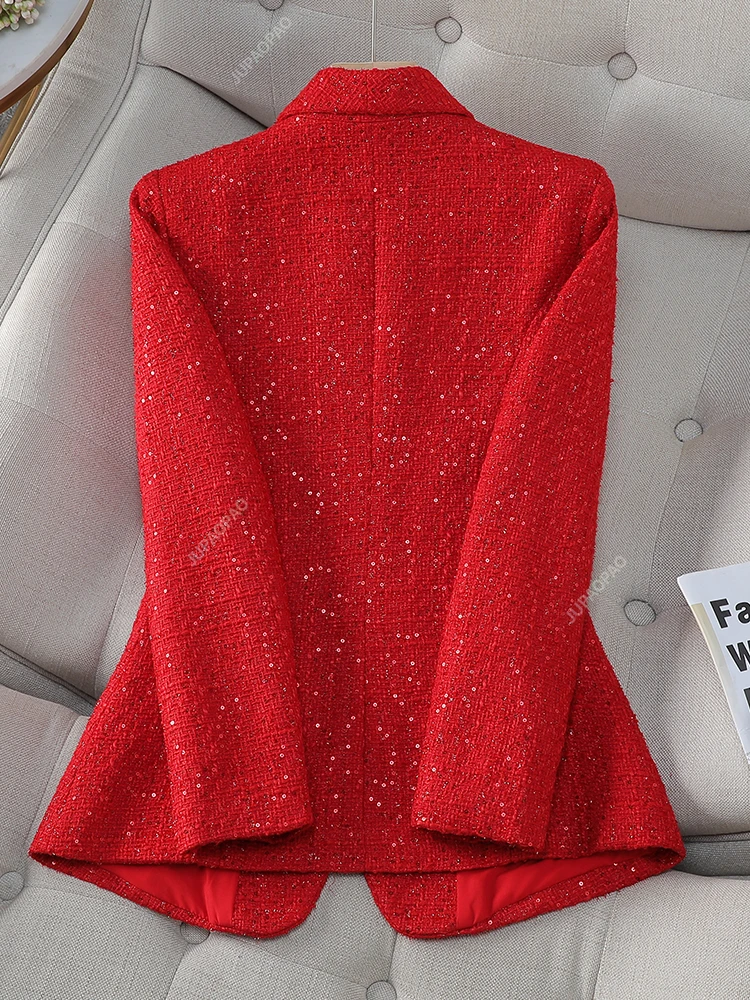 Langärmliger karierter Damen-Blazer, Damen-Freizeitjacke, einreihig, Knopfverzierung, Rot, Marineblau, Herbst, Winter