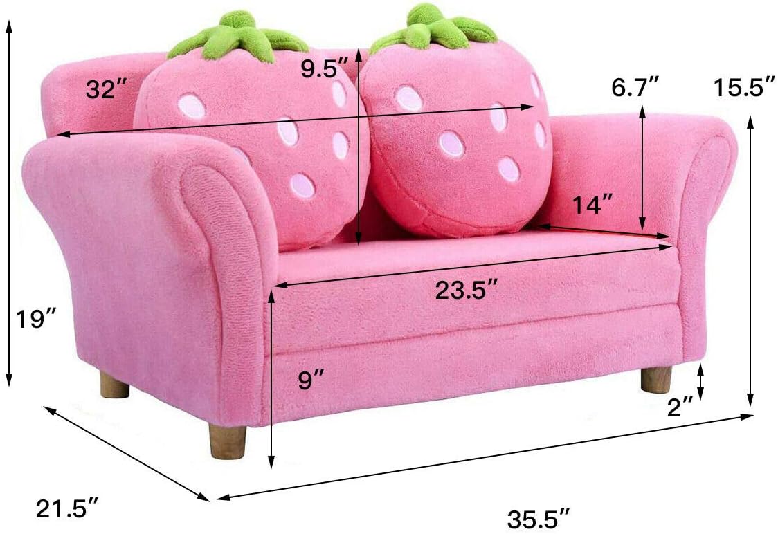 Toddler Couch with Strawberry Pillows, Kids Upholstered Loveseat, Coral Fleece, Wood Frame, Pink
