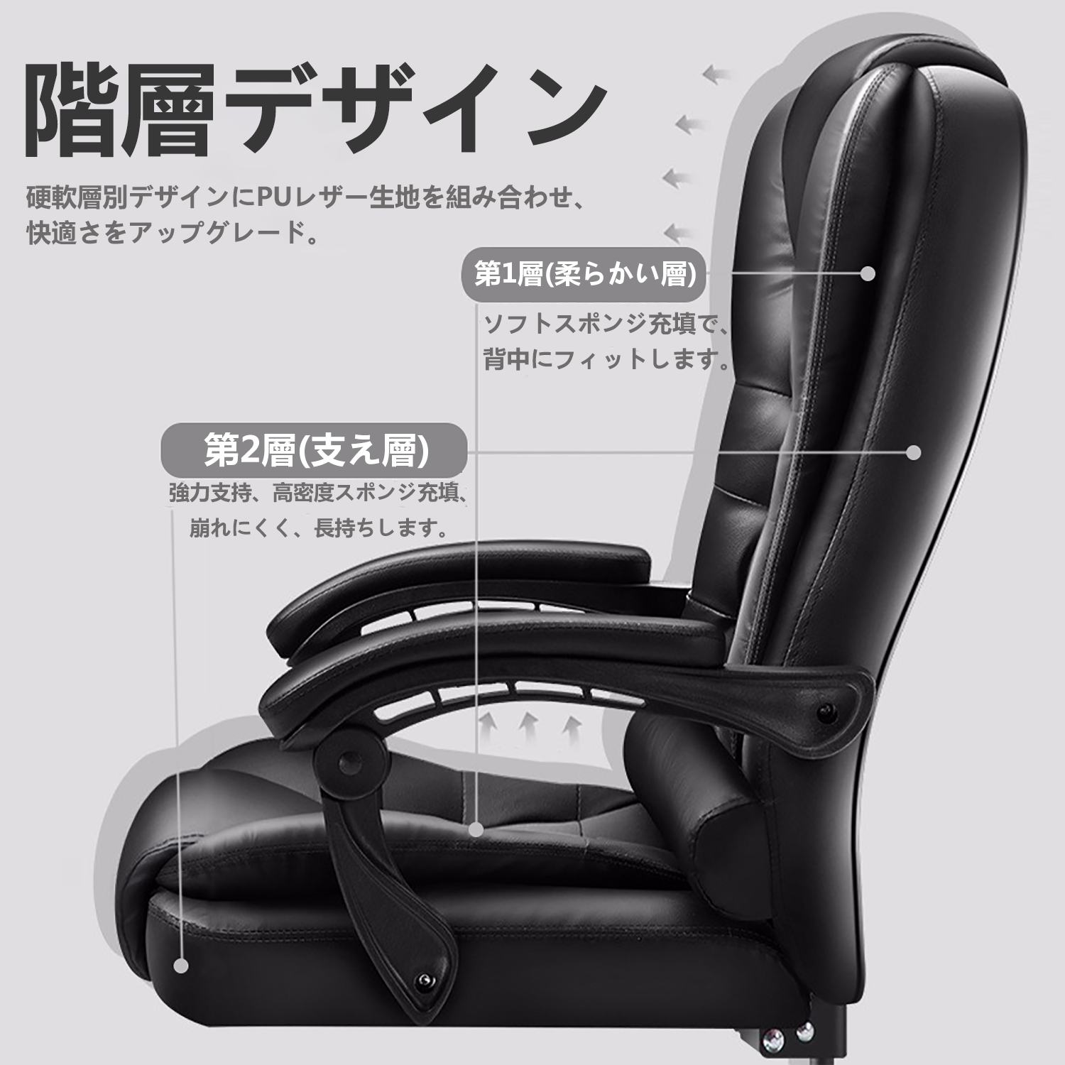 オフィスチェア デスクチェア パソコンチェア 連動型肘掛け 社長椅子 ハイバック 事務椅子 360度回転 昇降機能 人間工学椅子 収納式フットレスト レザーチェア 肉厚座面 リクライニングチェア 椅子