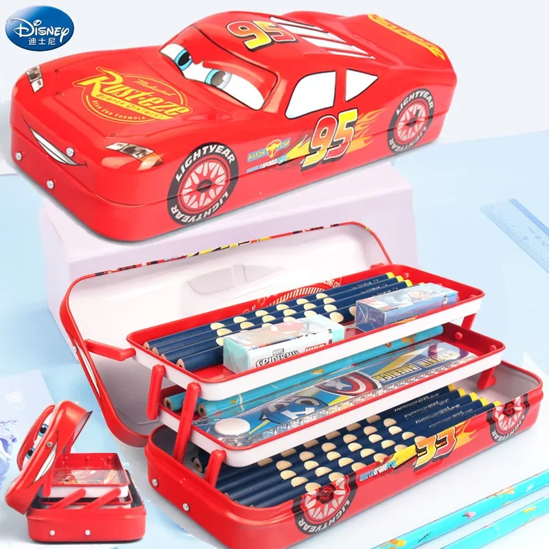 Estuche para lápices de tres capas de Disney McQueen, estuche para lápices estéreo de coche de dibujos animados de gran capacidad, regalo de aprendizaje, papelería multifunción