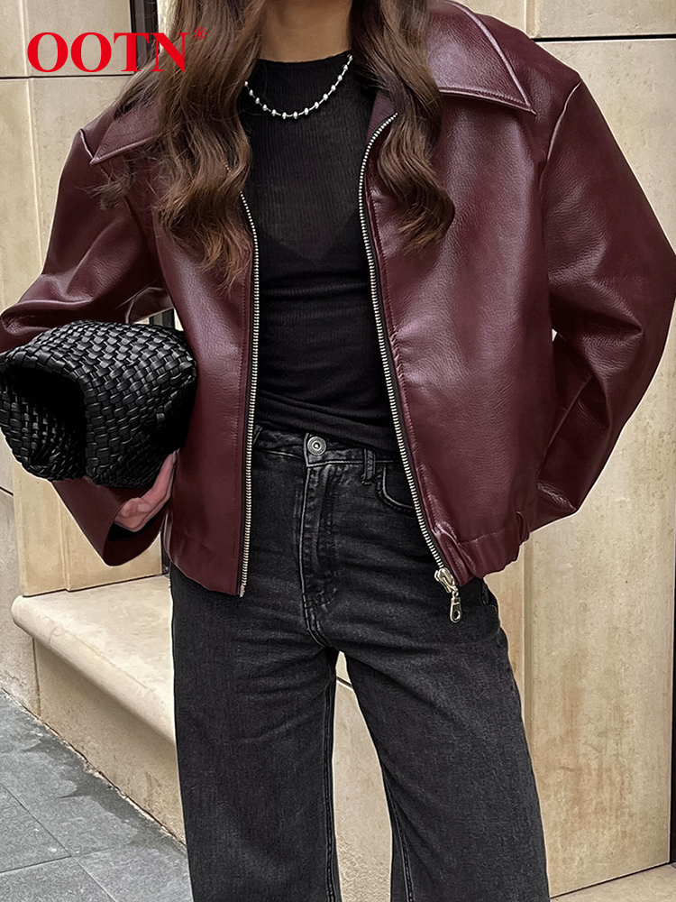 Ootn-女性用ワインレッドフェイクレザーラペルコート、レディースチュニックトップス、厚手のアウターウェア、ジッパーラペル、秋、冬のストリートウェア、ファッション、2022、2024