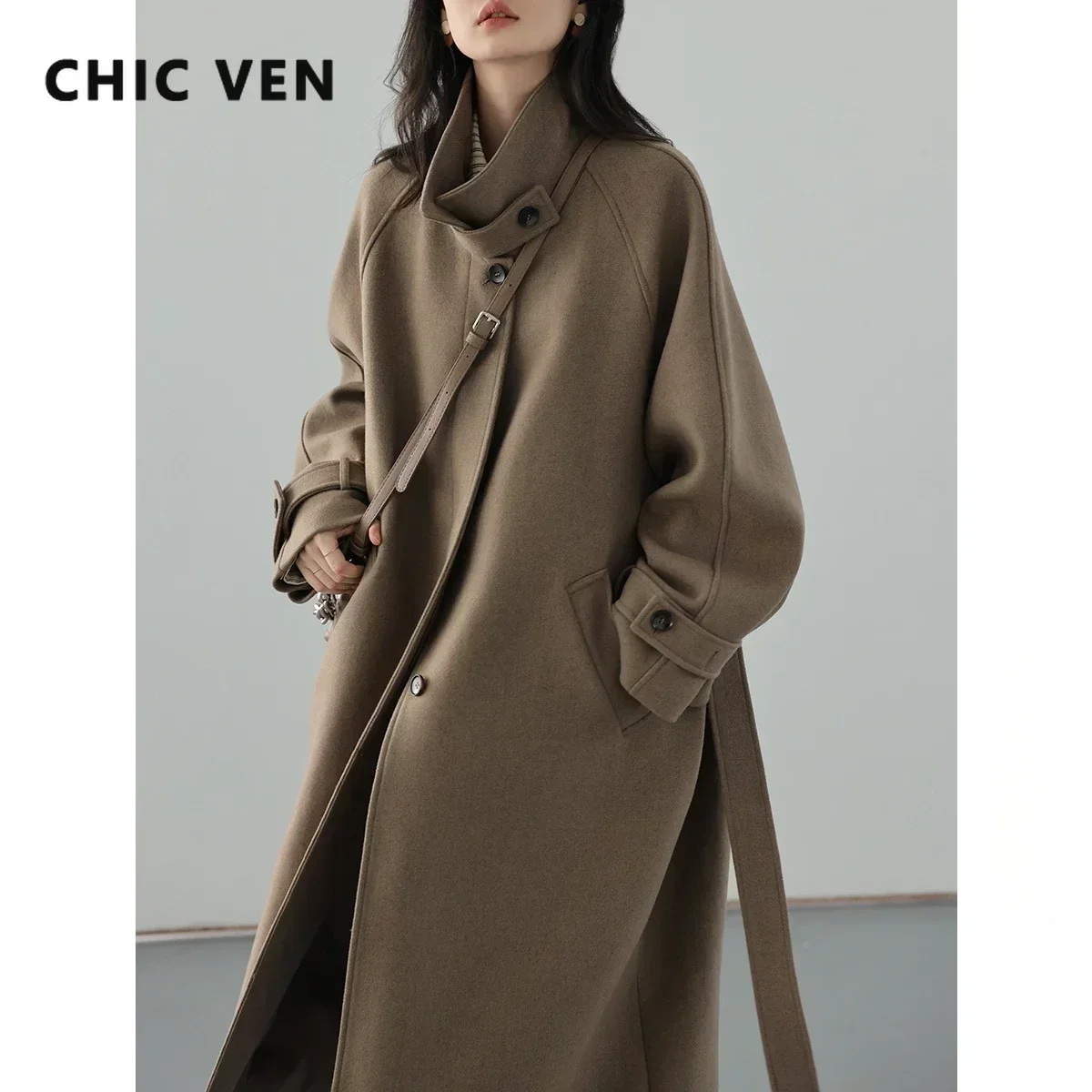 CHIC VEN женское длинное спортивное пальто с поясом на шнуровке шерстяное пальто с рукавами реглан длинное пальто офисные женские осень-зима 2024