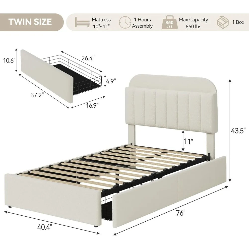 Twin Bed Frame with Storage Headboard, Kids Bed Frame with 2 Drawers, Boucle Upholstered Platform Bed with Bookcase,