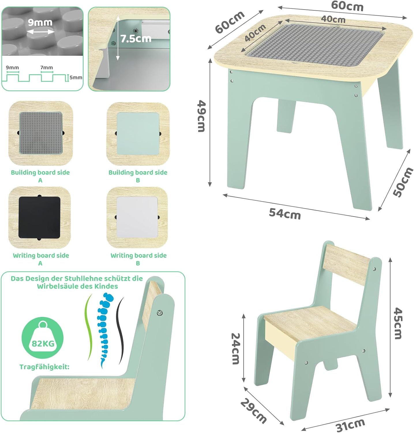 Table d'activité pour enfants et 2 chaises avec rangement, plateau de bloc de construction en bois 2 en 1 pour arts, artisanat, lecture, préscolaire
