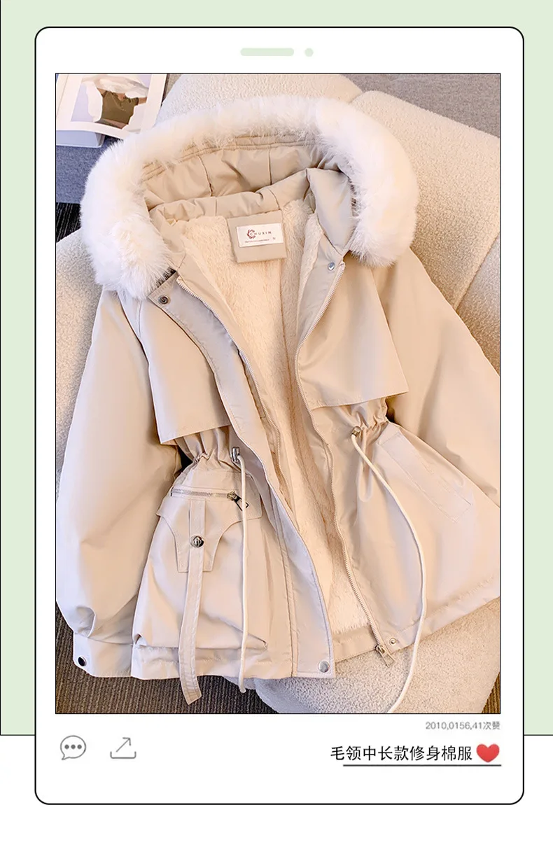 Fell Kapuze Frauen Dicke Parkas Zipper Herbst Mäntel Elastische Taille Midi Jacken Taschen Mäntel Elegante Mantel Warme Winter 2024