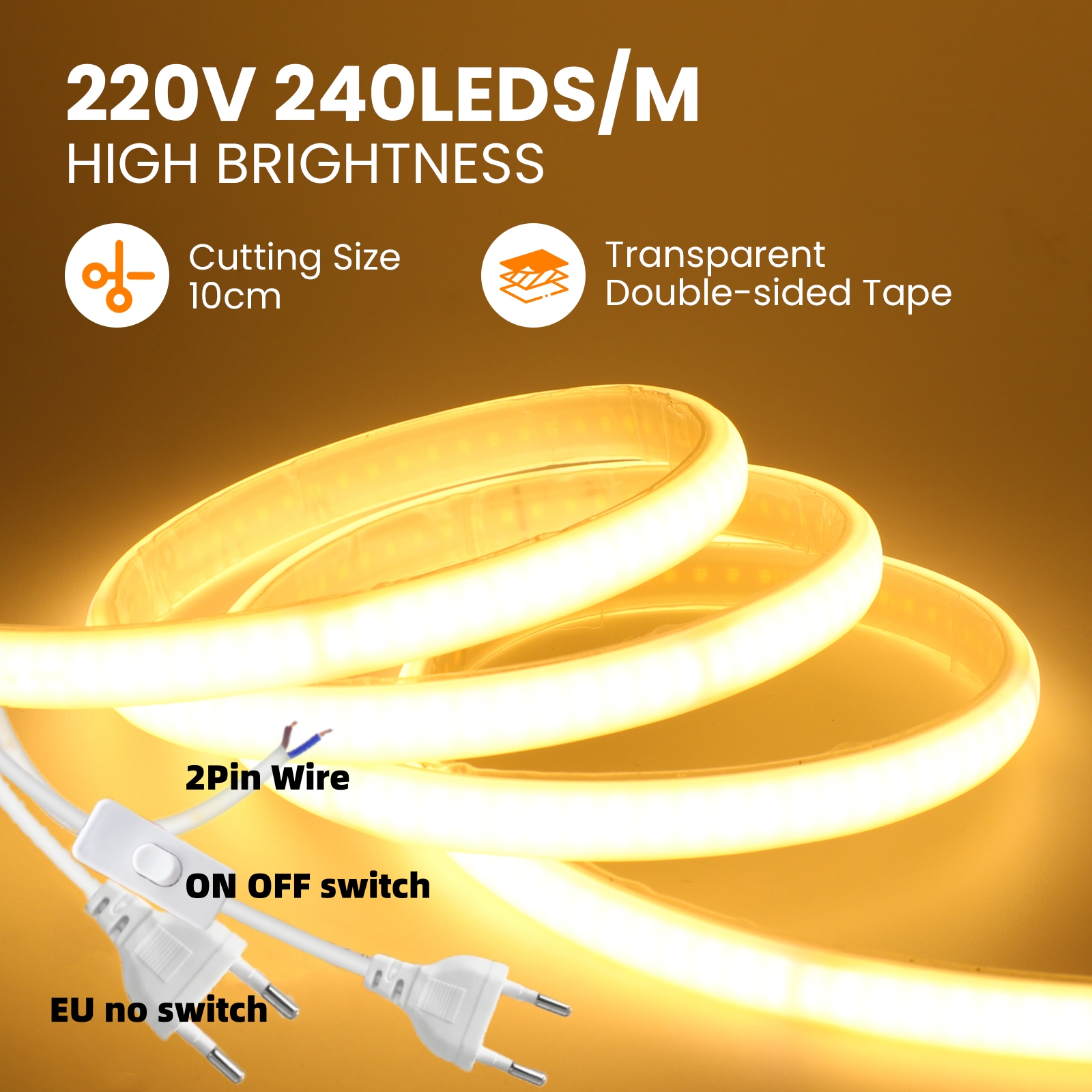 230 В COB Strip Светодиодный неоновый свет с микросхемой 240 светодиодов/M IP65 Теплый/нейтральный/белый FOB Гибкая клейкая лента Лента Лампа 2-контактный провод Вилка европейского стандарта