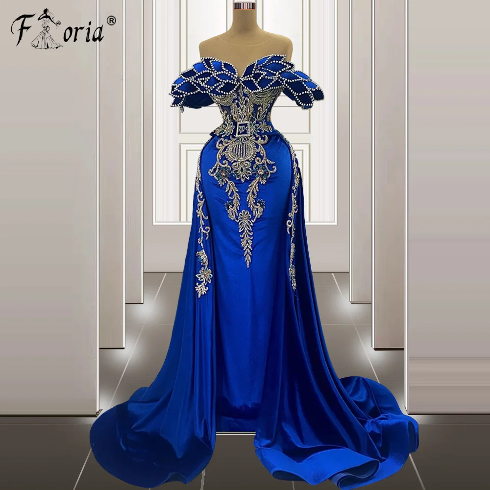 Wunderschöne Dubai-Meerjungfrau-Abendkleider, blauer Kristall, 3D-Applikationen, Partykleider, Dubai, arabisches formelles Abendkleid 2023, Robe De Soiree