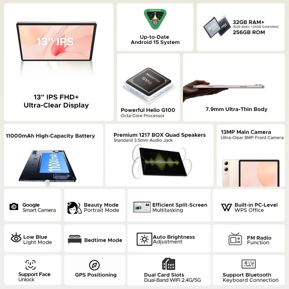 【Marke+】Doogee Tab E3 Pro 2-in-1-Tablet-PC 13" Android 15 Gemini Ai 32 GB RAM (8+24) 256 GB 11000 mAh Akku Helio G100 Octa