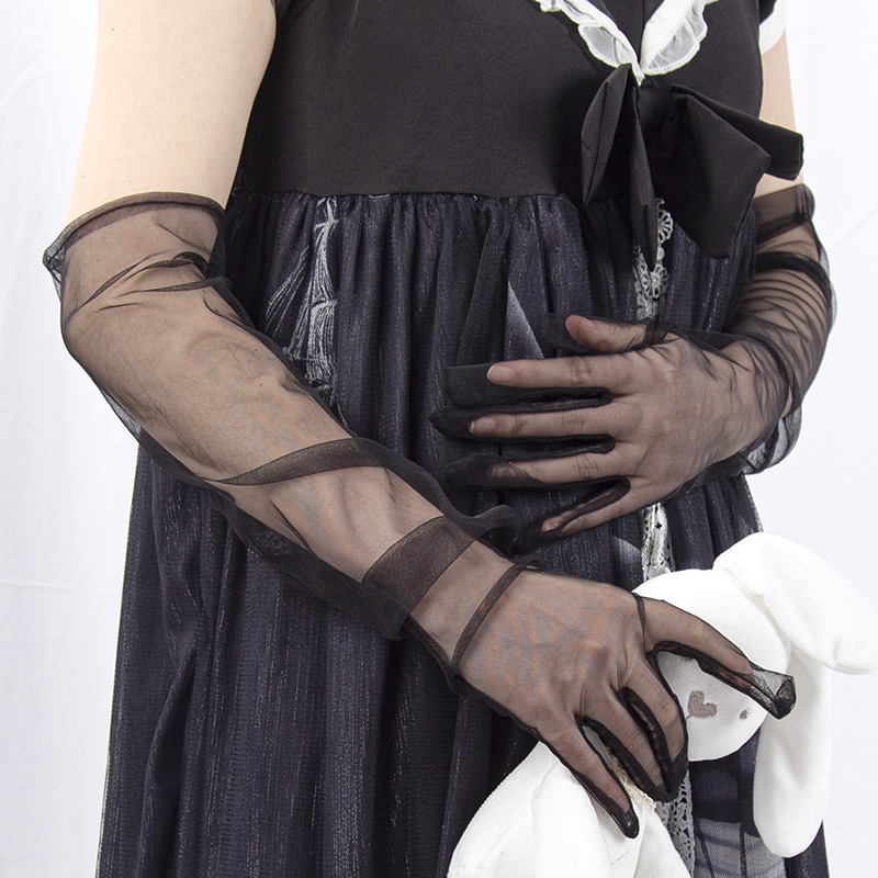 Guantes largos de tul transparente, manoplas elásticas ultrafinas con dedos completos, codo de malla, guantes de novia para boda, protector solar transparente, guante Vintage