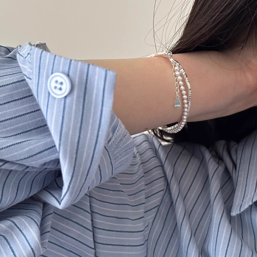 VENTFILLE-pulsera de perlas de doble capa de plata 925 para mujer y niña, joyería coreana con cuentas de diseño, envío directo