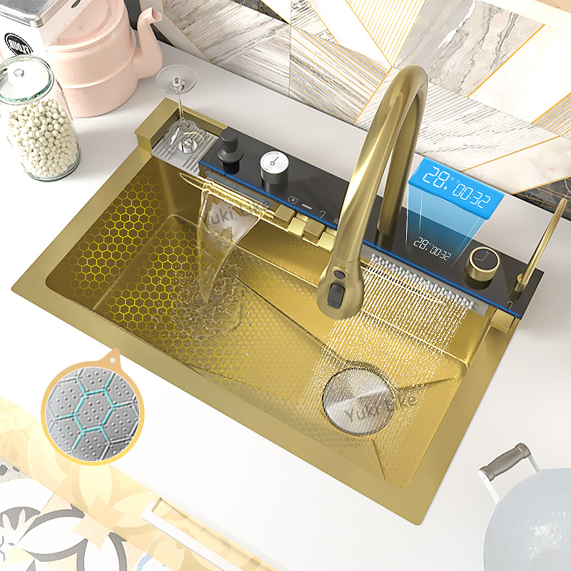 滝全体を備えたステンレス鋼の台所の流し,デジタルディスプレイと単一のシンク,304