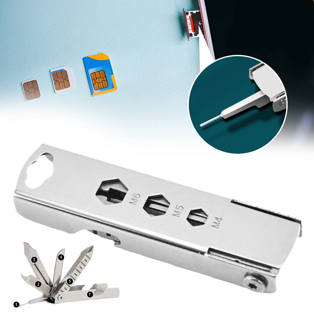 Multifunktionaler 7-in-1-Schlüsselanhänger, SIM-Kartenfach, Auswurfstift/Schraubendreher/Flaschenöffner/Nagelfeile, 7-in-1-Werkzeug, tolle Geschenkidee