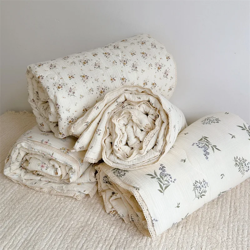 Manta de algodón para bebé, colcha de Camelia, muselina azul, colcha para verano, colcha Floral para bebé