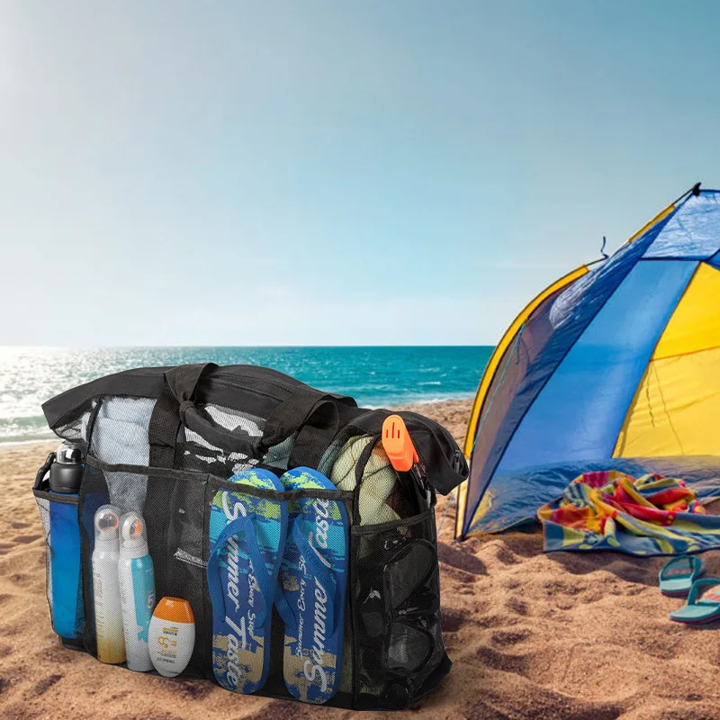 Bolsa de praia extra grande – leve, impermeável, dobrável, com alças de malha, bolsos com zíper e alças fixas
