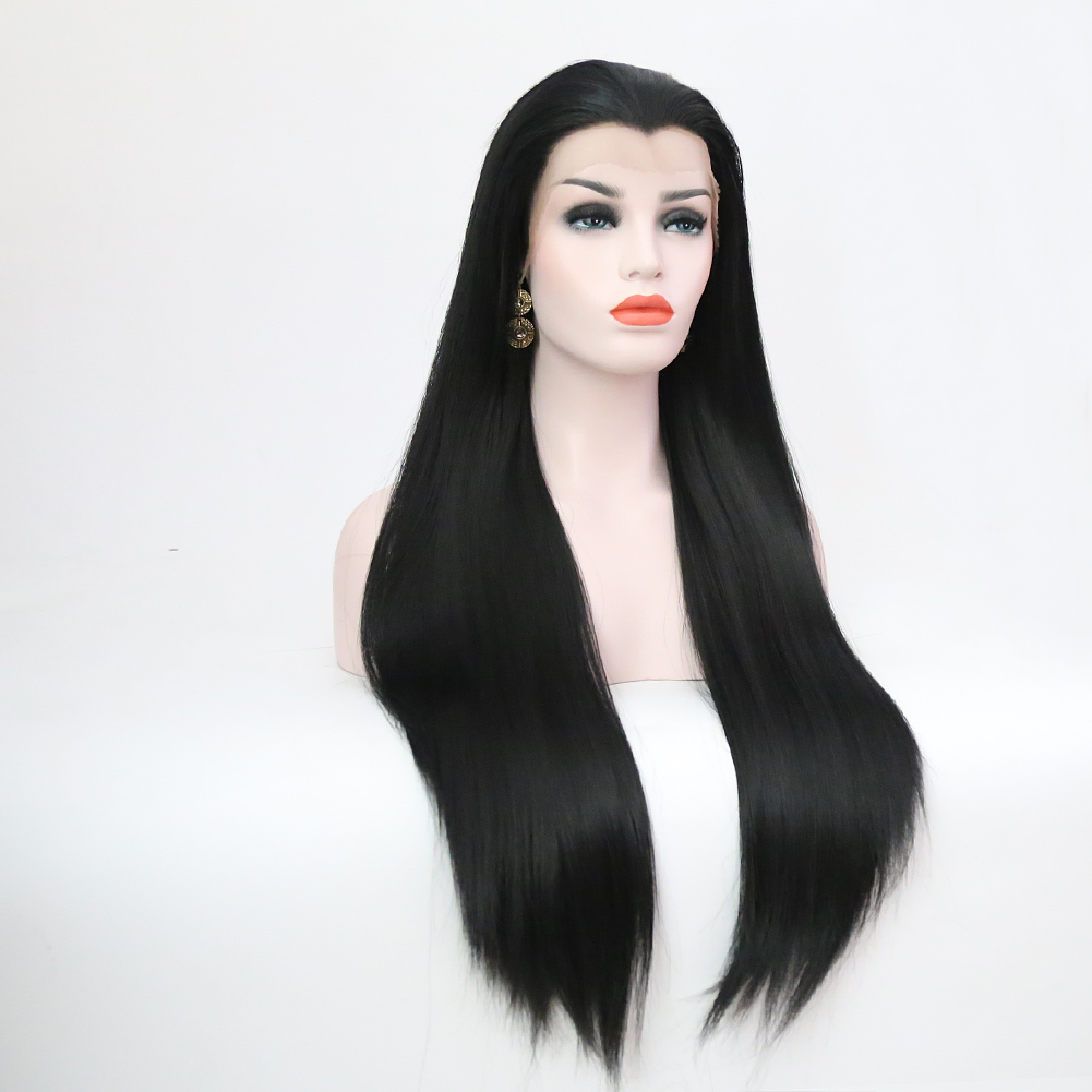 AIMEYA Długie proste koronkowe peruki 13X4 Koronkowa przednia część wolna Syntetyczna peruka do włosów ze specjalną linią włosów dla kobiet Cosplay Czarne peruki