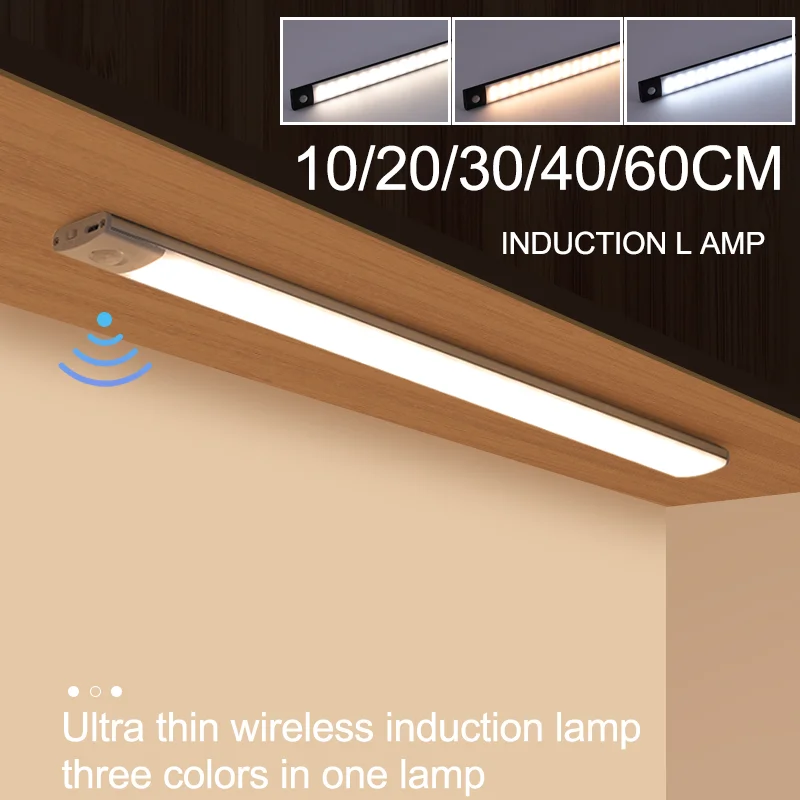 Luz nocturna de 10/20/30/40/60CM, luz Led con Sensor de movimiento recargable por USB, lámpara Led inalámbrica para armario de cocina, dormitorio y armario