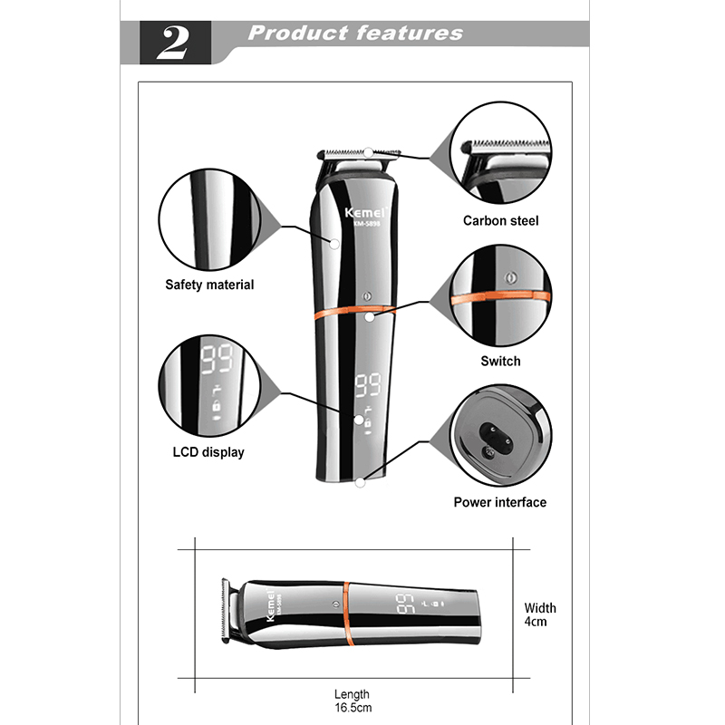 Kemei KM-5898 Hurtowy zestaw do pielęgnacji 11 w 1 do salonu fryzjerskiego, nadający się do prania i akumulatorowego trymer do włosów dla mężczyzn