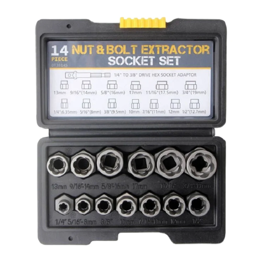 14 ชิ้นเสียหาย Bolt เครื่องมือกําจัด Bolt EXTRACTOR ชุดเครื่องมือกล่องเก็บเสียหาย Bolt NUT Remover EXTRACTOR SOCKET เครื่องมือ
