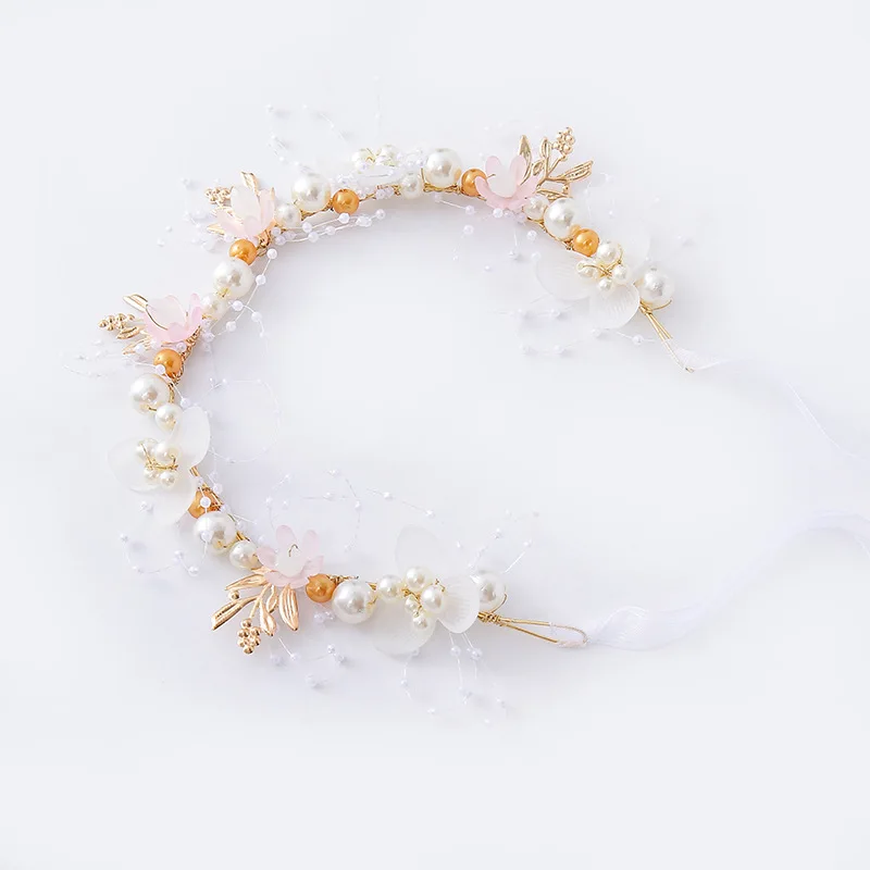 Diadema de novia, diadema de flores de perlas, corona de flores para niños, accesorio para el cabello de princesa súper Hada, diadema, cinta